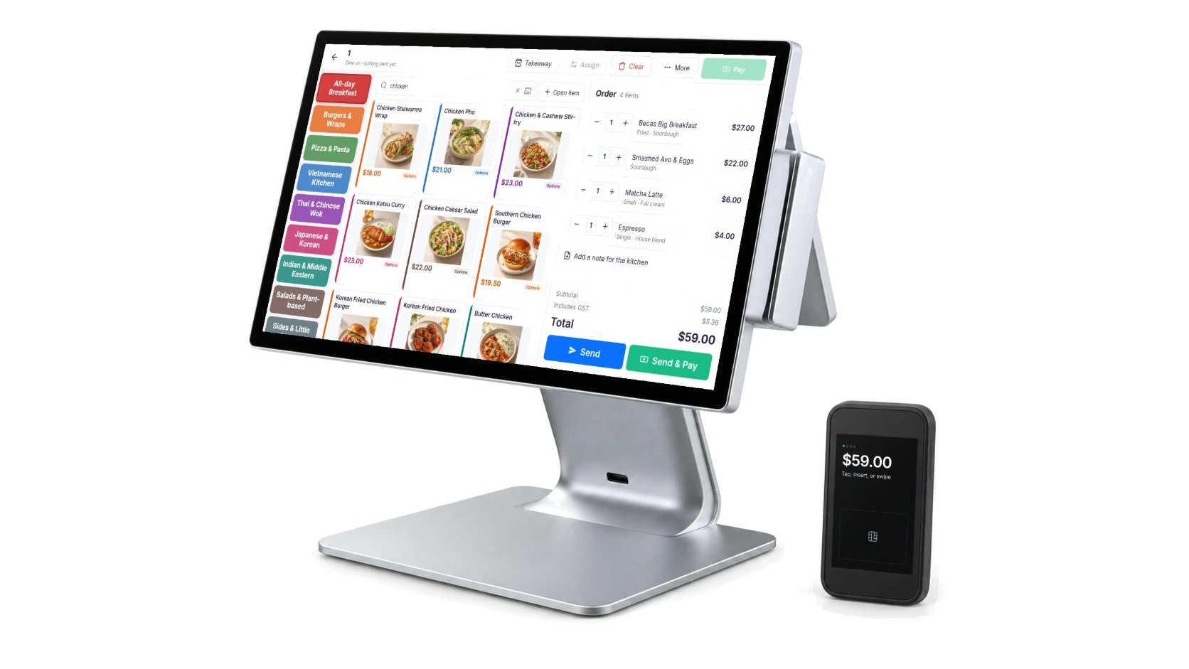 SENOR Jasper counter POS showing the Becas order screen with menu photos, beside a Castles AMS1 payment terminal