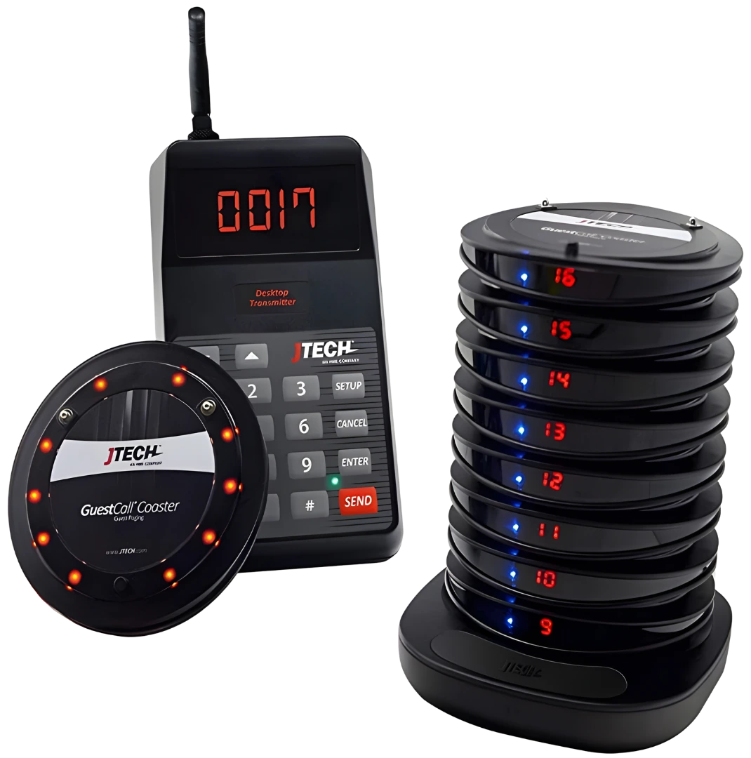 JTECH GuestCall transmitter, coaster pager and charging stack