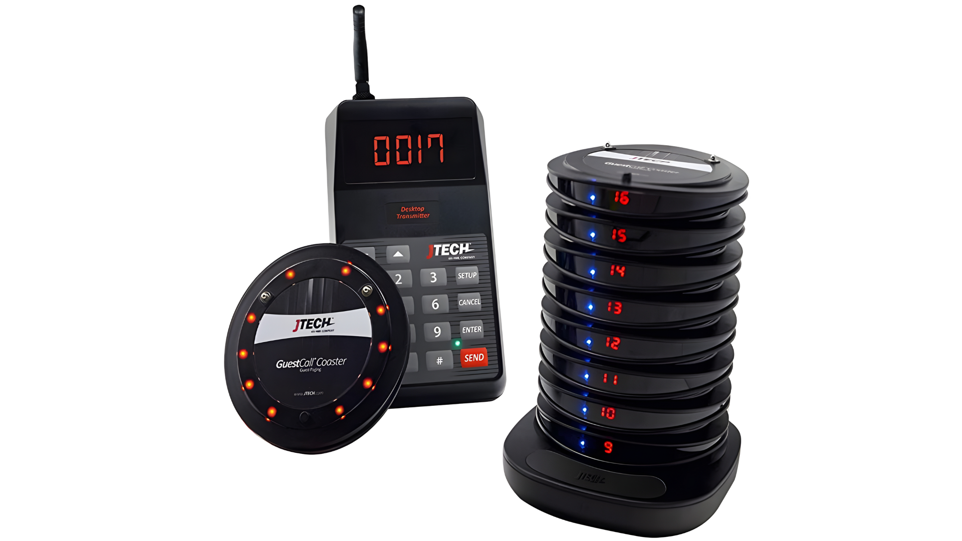 GuestCall paging transmitter and coaster pagers