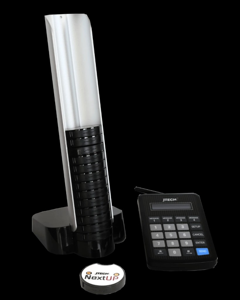NextUp paging system with charging tower and transmitter