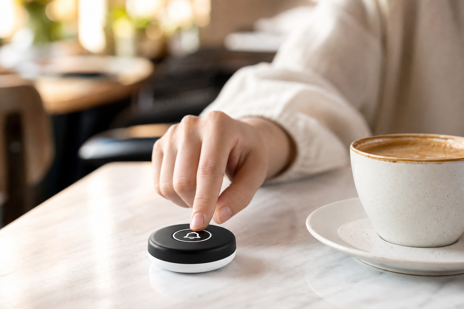 Guest pressing a wireless service call button
