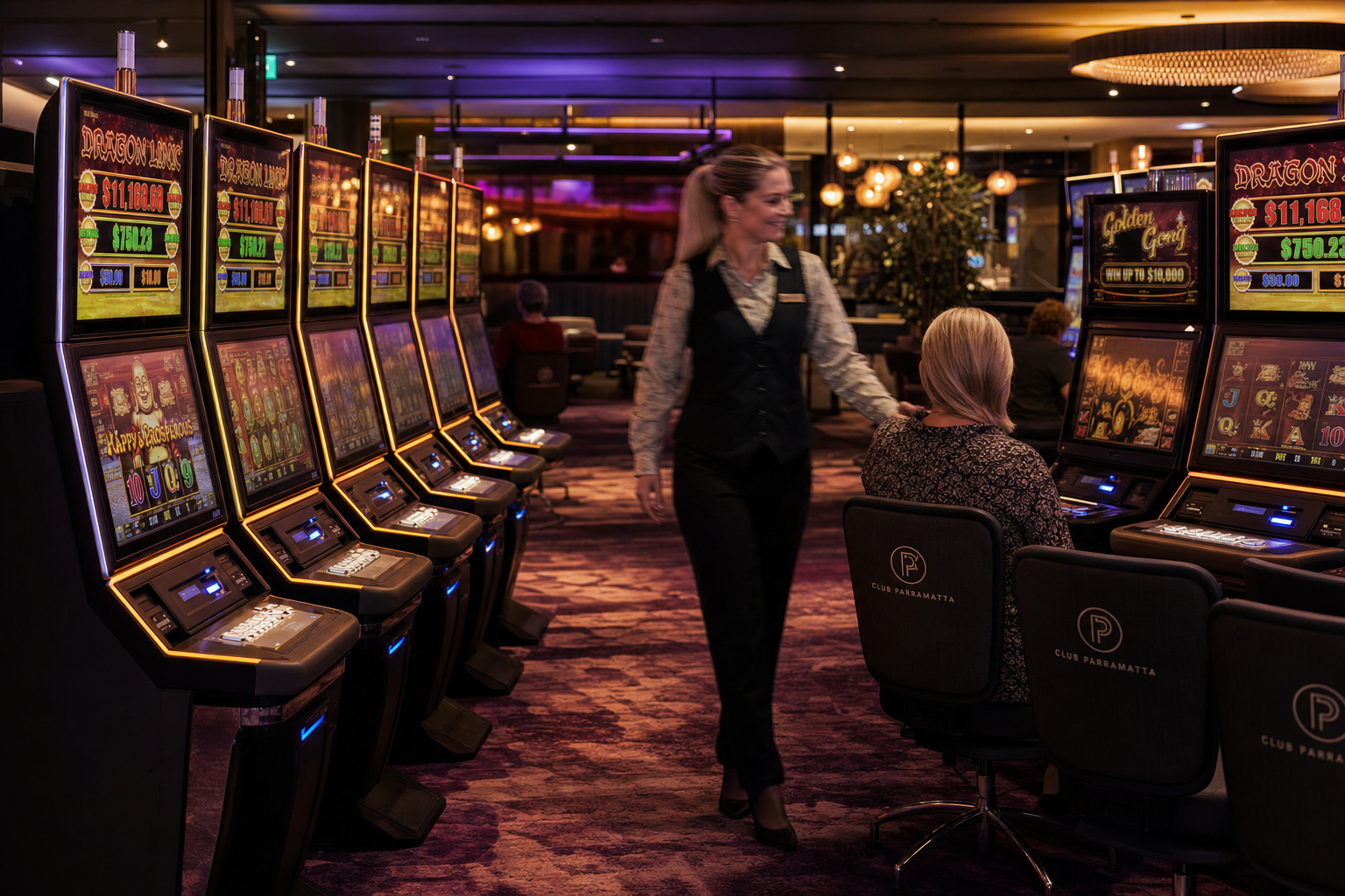 Attendant on a club gaming floor with rows of poker machines