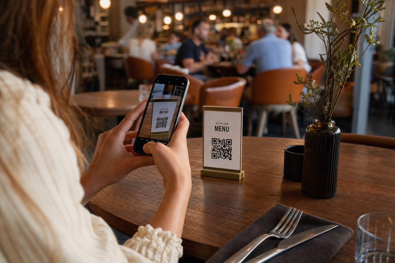 Guest scanning a table locator QR at a restaurant table