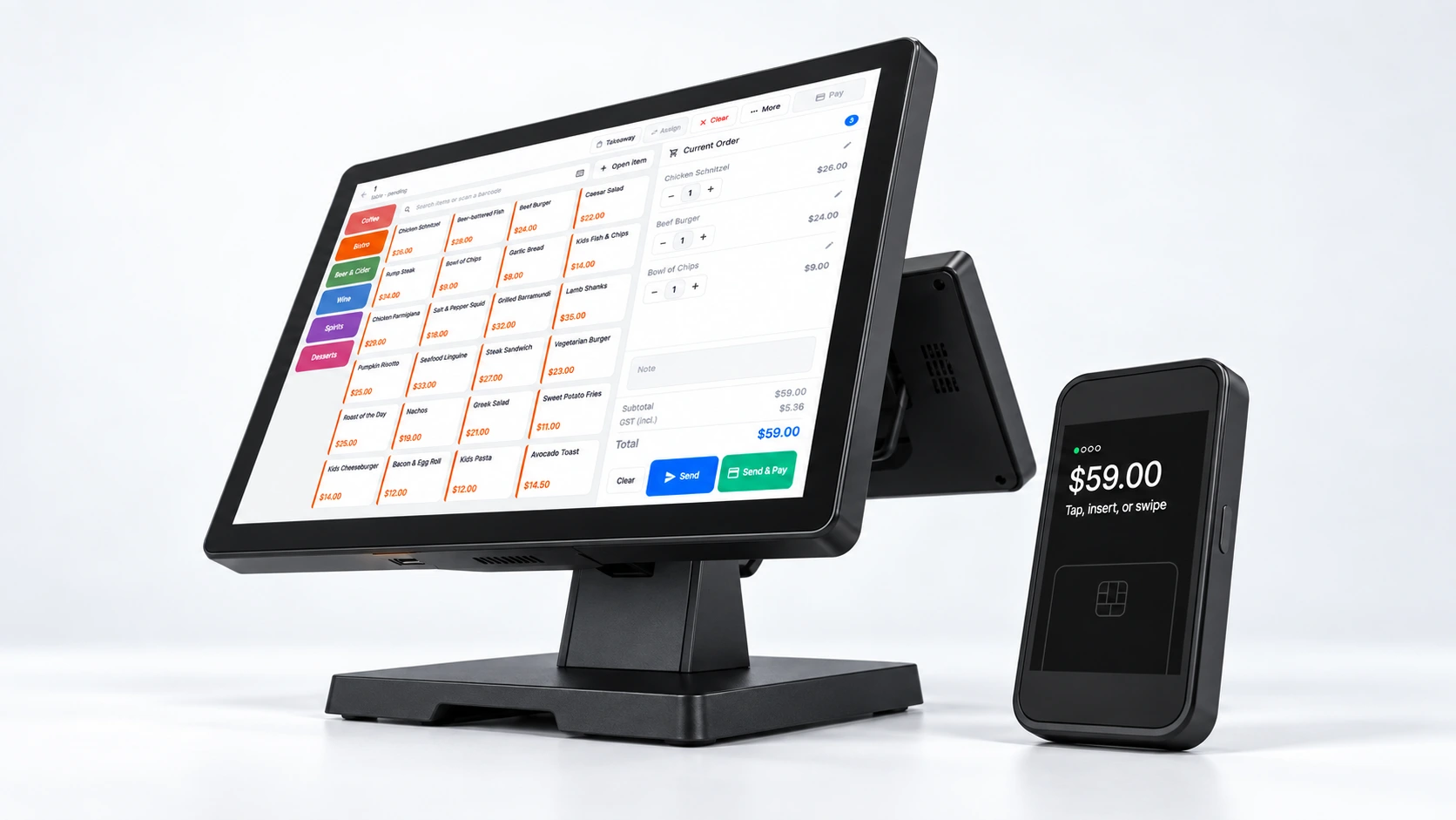 Counter POS and Castles AMS1 payment terminal, viewed from a low staff-side angle showing the menu screen, monitor underside and full base