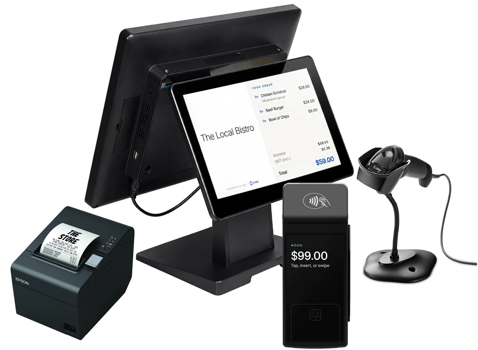 All-in-one dual-display POS with S1F2 EFTPOS terminal, Epson receipt printer and barcode scanner