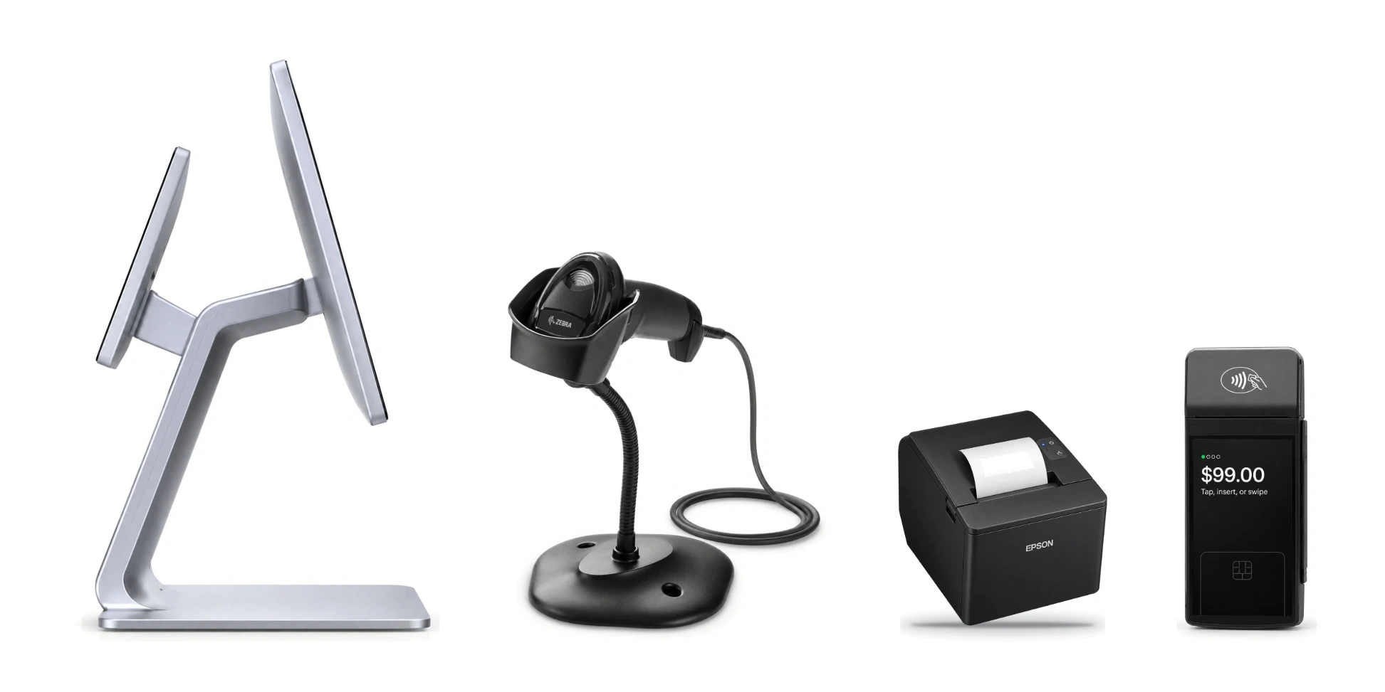Retail checkout hardware: the Jasper counter POS seen from the side, a barcode scanner, an Epson receipt printer and an S1F2 payment terminal