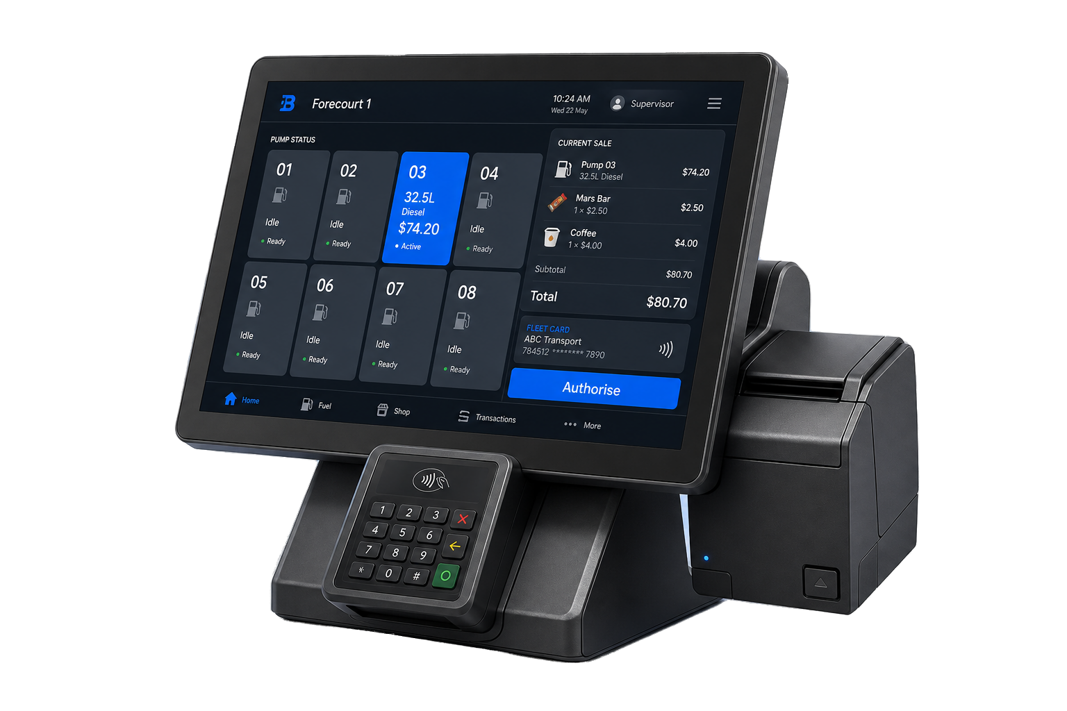 Becas forecourt POS terminal showing pump status and fleet card sale