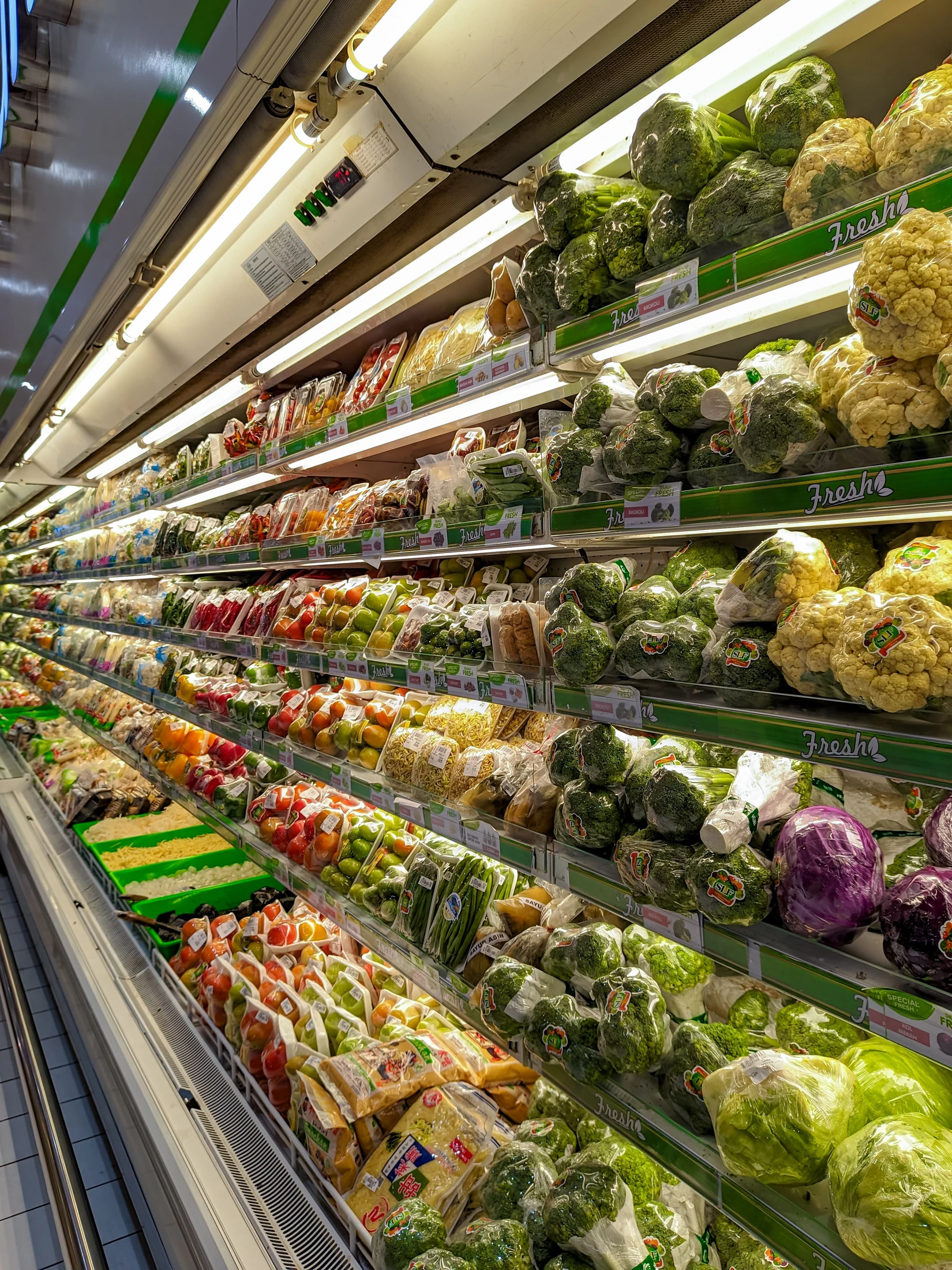 Fresh vegetables displayed on grocery store shelves